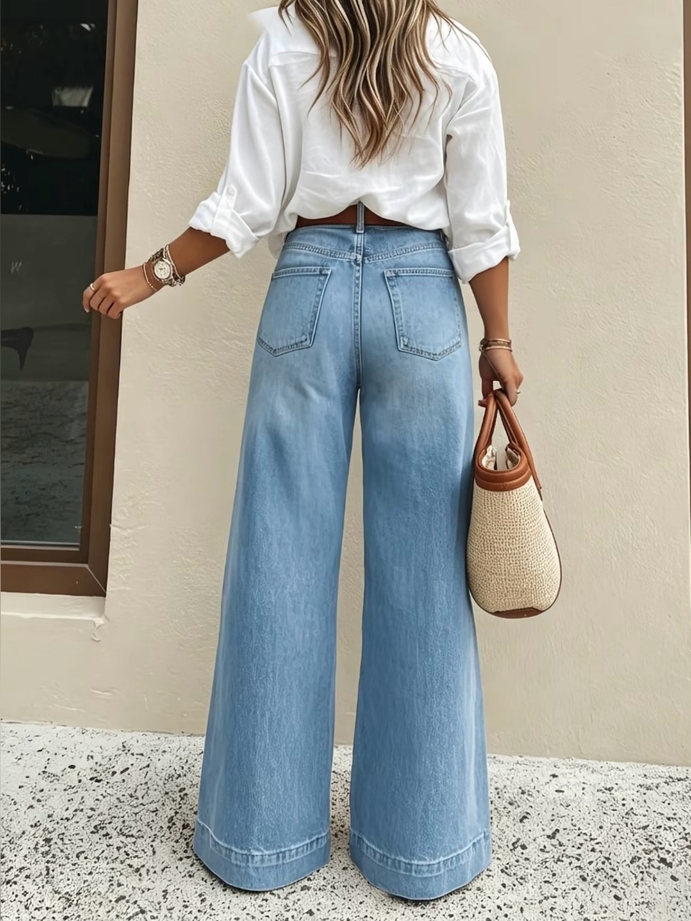 Women's Classic Washed Blue High-Waisted Wide-Leg Jeans, - Picture 2 of 4